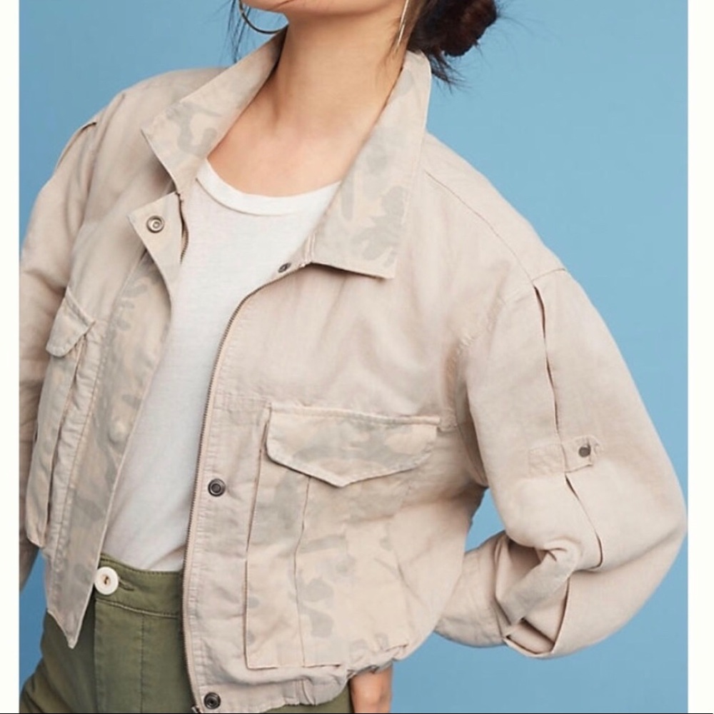 Anthropologie cropped camo linen jacket